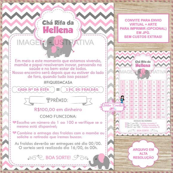 Convite Digital Chá Rifa Elefantinha Rosa + Cartela