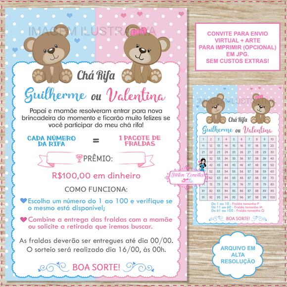 Convite Digital Chá Rifa Revelação Ursinhos + Cartela