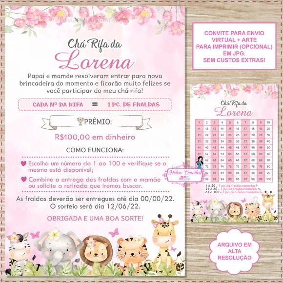 Convite Digital Chá Rifa Safári Rosa + Cartela