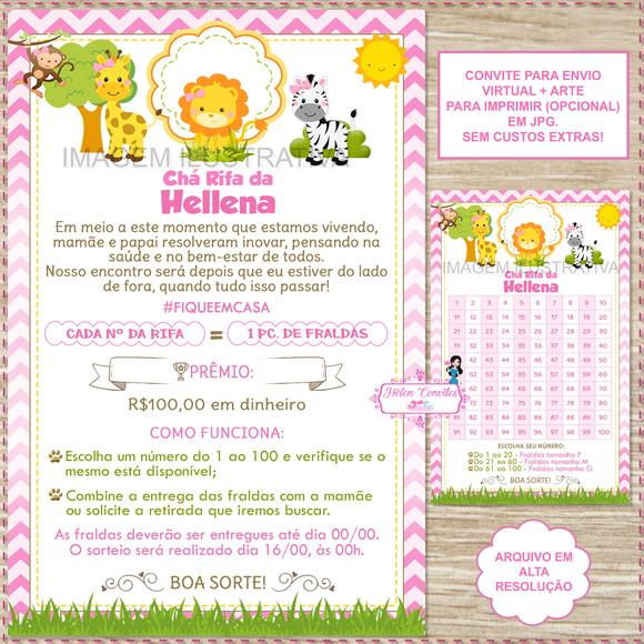 Convite Digital Chá Rifa Safari Rosa + Cartela