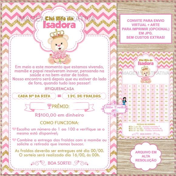 Convite Digital Chá Rifa Ursinha Princesa + Cartela