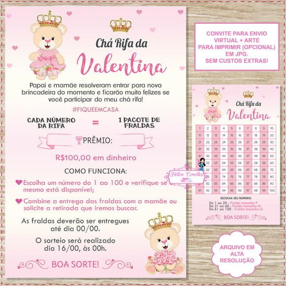 Convite Digital Chá Rifa Ursinha Princesa + Cartela