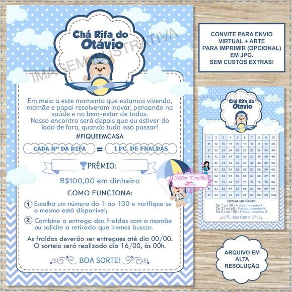 Convite Digital Chá Rifa Ursinho Aviador + Cartela