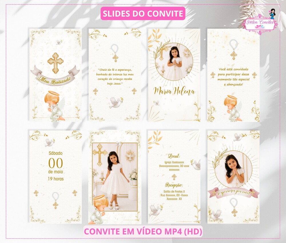 Convite Animado Batizado Branco e Dourado - Unissex