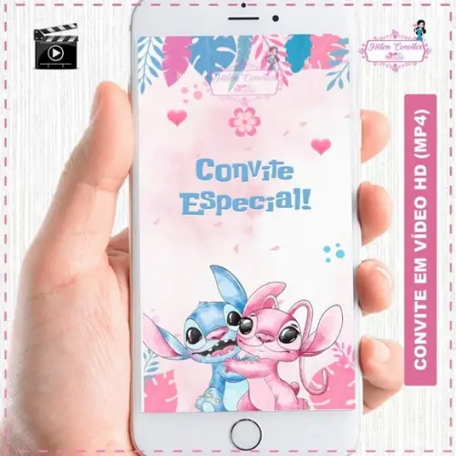 Convite Animado Stitch e Angel Aquarela