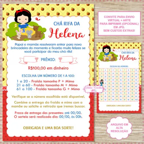 Convite Chá Rifa Branca de Neve + Cartela