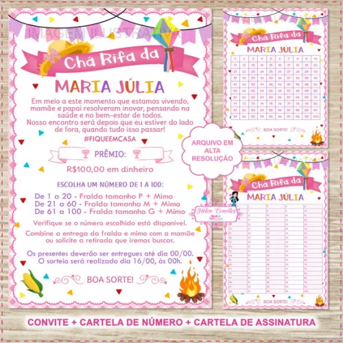 Convite Chá Rifa Festa Junina + 2 Cartelas