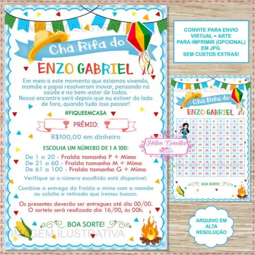 Convite Chá Rifa Festa Junina + Cartela