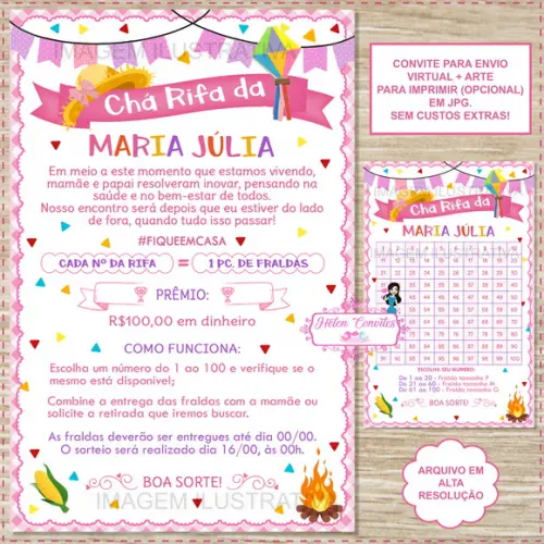 Convite Chá Rifa Festa Junina + Cartela