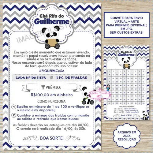 Convite Chá Rifa Panda + Cartela