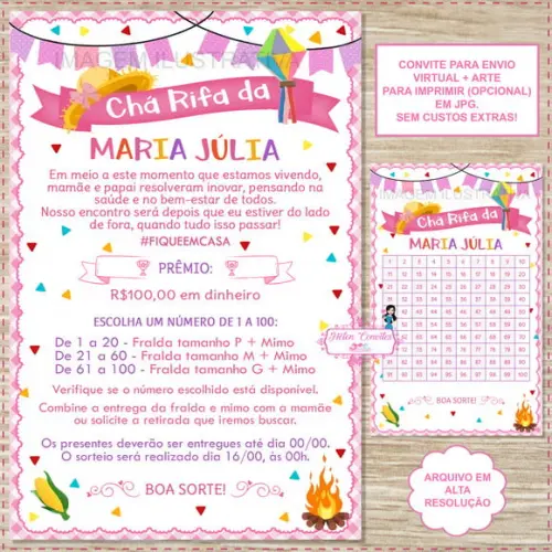 Convite Chá Rifa Festa Junina + Cartela