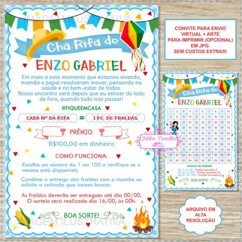 Convite Chá Rifa Festa Junina + Cartela