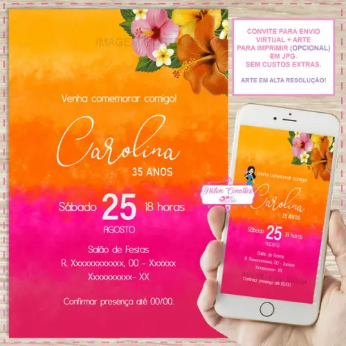 Convite Digital 25, 30, 40, 45 Anos Pink e Laranja