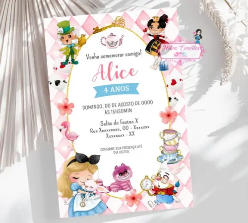 Convite Digital Alice no País das Maravilhas Aquarela