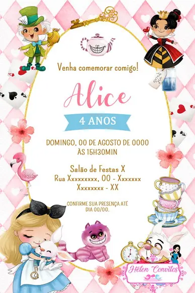Convite Digital Alice no País das Maravilhas Aquarela