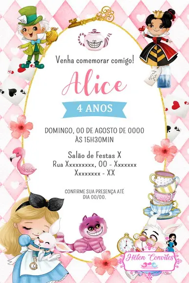 Convite Digital Alice no País das Maravilhas Aquarela