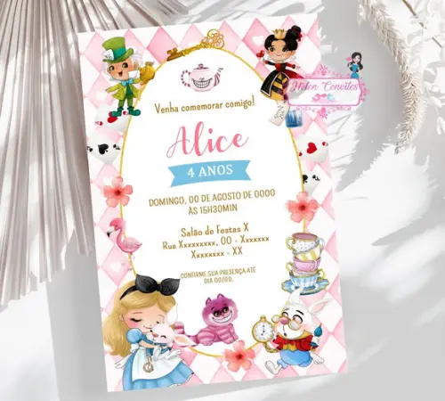 Convite Digital Alice no País das Maravilhas Aquarela