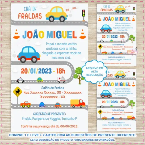 Convite Digital Chá de Fraldas Carrinhos