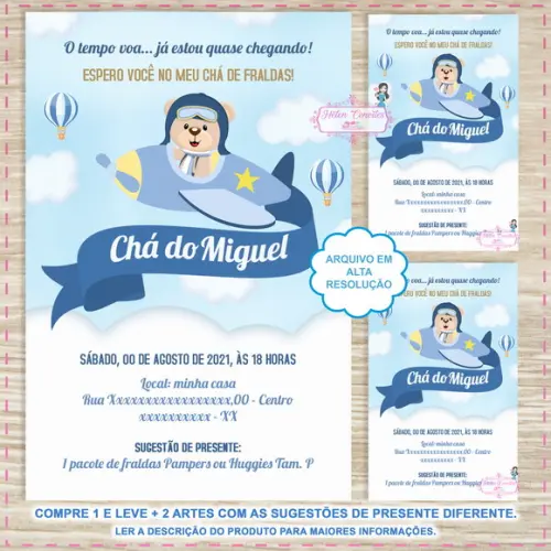 Convite Digital Chá de Fraldas Ursinho Aviador