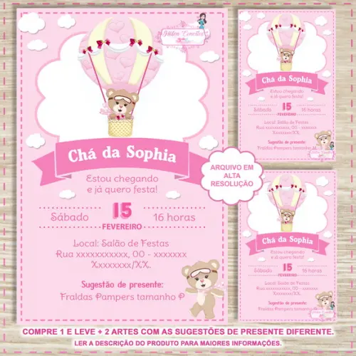 Convite Digital Chá de Fraldas Ursinha Baloeira