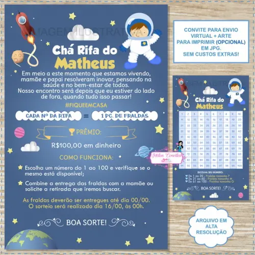Convite Digital Chá Rifa Astronauta + Cartela