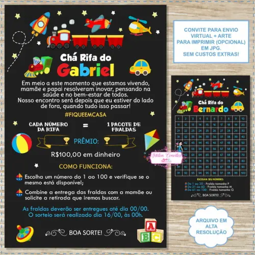 Convite Digital Chá Rifa Brinquedos + Cartela