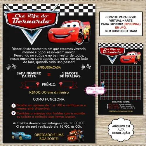 Convite Digital Chá Rifa Carros da Disney