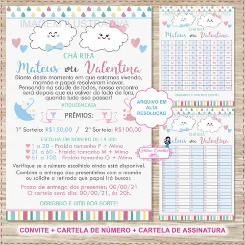 Convite Digital Chá Rifa Chuva de Amor + 2 Cartelas
