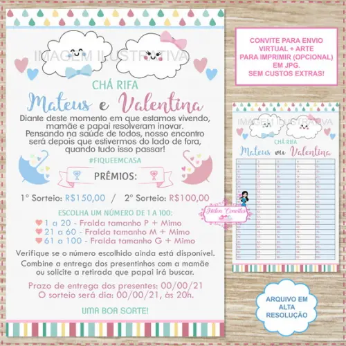 Convite Digital Chá Rifa Chuva de Amor Duplo + Cartela
