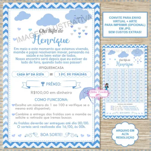 Convite Digital Chá Rifa Chuva de Amor + Cartela