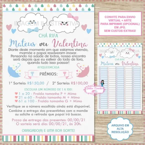 Convite Digital Chá Rifa Chuva de Amor Duplo + Cartela