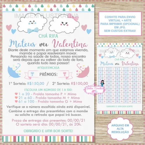 Convite Digital Chá Rifa Chuva de Amor Duplo + Cartela