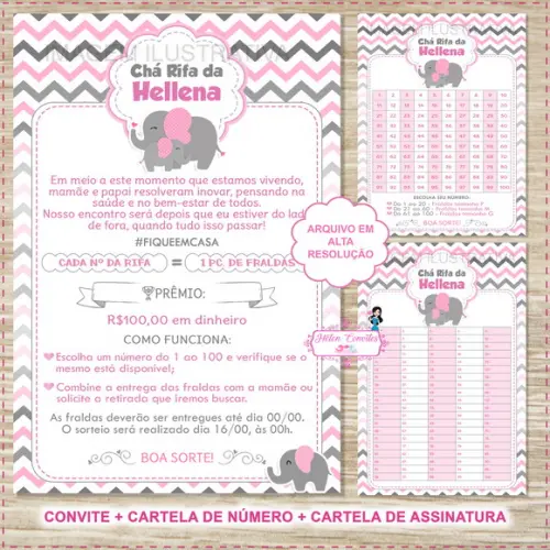 Convite Digital Chá Rifa Elefantinha Rosa + 2 Cartelas