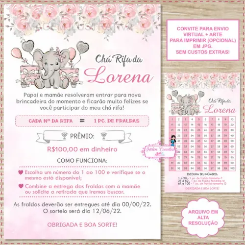 Convite Digital Chá Rifa Elefantinha Rosa + Cartela