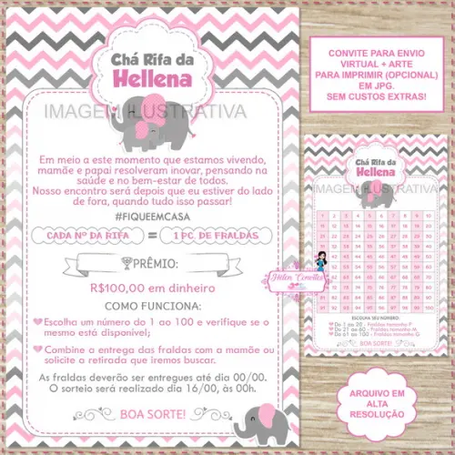 Convite Digital Chá Rifa Elefantinha Rosa + Cartela