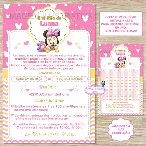 Convite Digital Chá Rifa Minnie Baby + Cartela