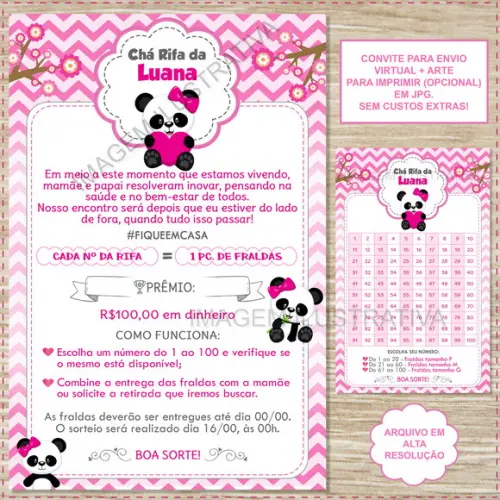 Convite Digital Chá Rifa Panda Rosa + Cartela
