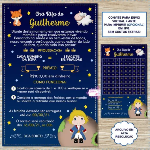 Convite Digital Chá Rifa Pequeno Príncipe + Cartela