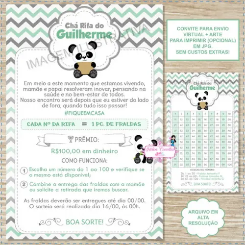 Convite Digital Chá Rifa Panda + Cartela