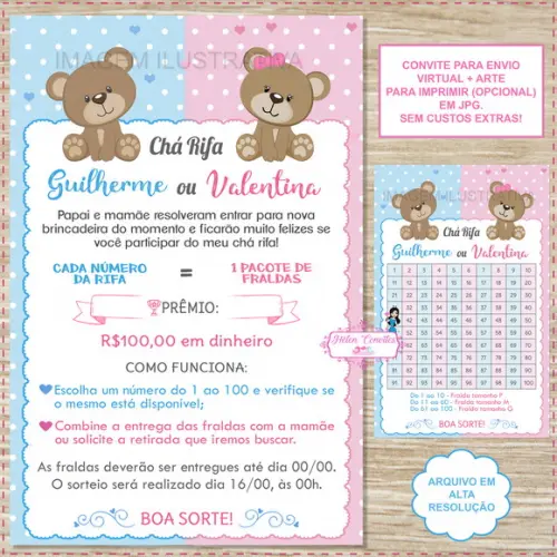 Convite Digital Chá Rifa Revelação Ursinhos + Cartela