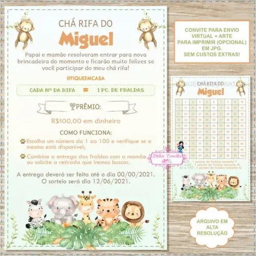 Convite Digital Chá Rifa Safari + Cartela