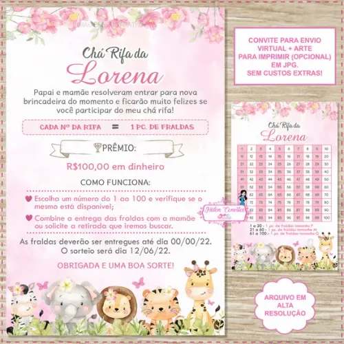 Convite Digital Chá Rifa Safári Rosa + Cartela