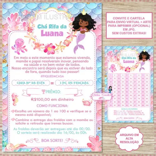 Convite Digital Chá Rifa Sereia + Cartela