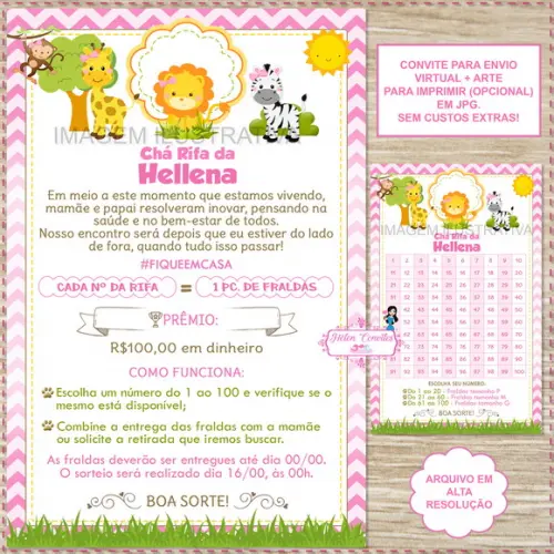 Convite Digital Chá Rifa Safari Rosa + Cartela