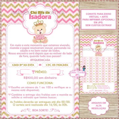 Convite Digital Chá Rifa Ursinha Princesa + Cartela