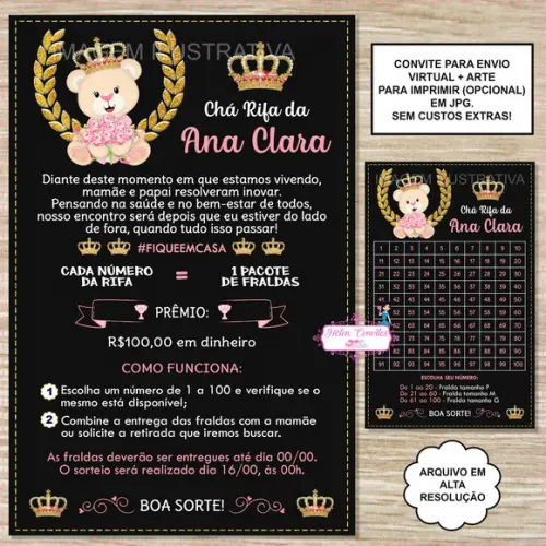 Convite Digital Chá Rifa Ursinha Princesa + Cartela