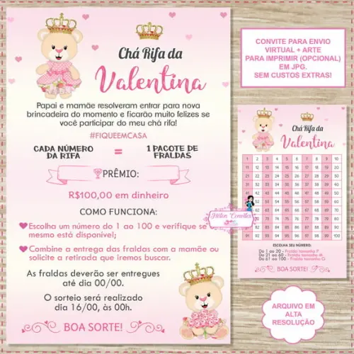 Convite Digital Chá Rifa Ursinha Princesa + Cartela