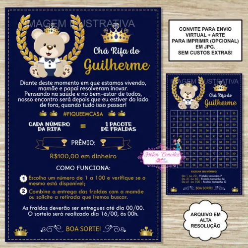 Convite Digital Chá Rifa Ursinho Príncipe