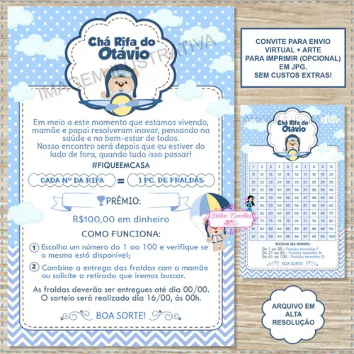 Convite Digital Chá Rifa Ursinho Aviador + Cartela