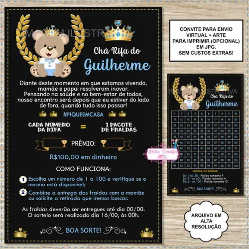 Convite Digital Chá Rifa Ursinho Príncipe + Cartela